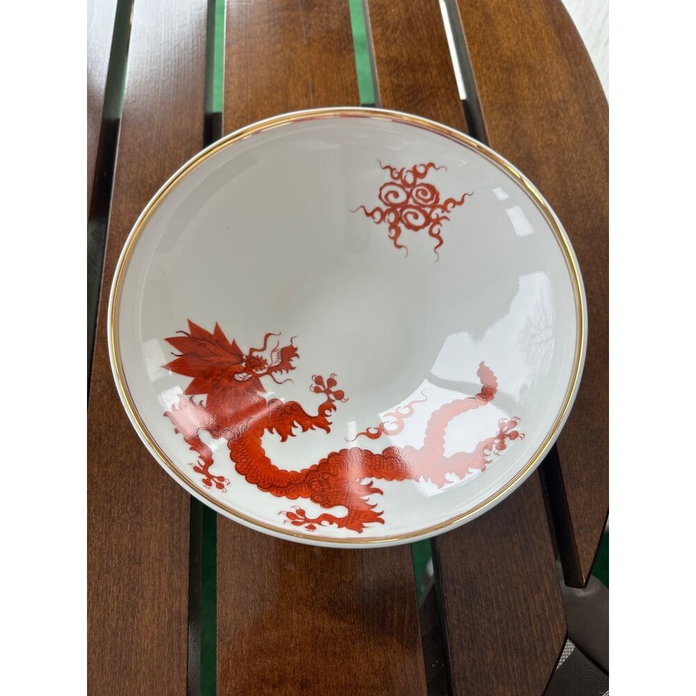 Vtg PGH Meissen RED DRAGON Handpainted Serving Bowl Gold Trim